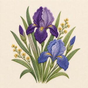 May include: An embroidery design featuring two iris flowers in shades of deep purple and periwinkle blue, accented with yellow centers. The arrangement includes green leaves, two closed iris buds, and small clusters of yellow flowers on stems.