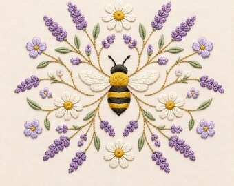 Puede incluir: Un diseño de bordado sobre tela clara que presenta una abeja central con rayas amarillas y negras y alas blancas. La abeja está rodeada por una disposición simétrica de ramas de lavanda moradas, hojas verdes y margaritas blancas.