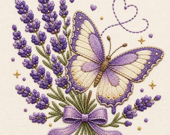 Butterfly Lavender Embroidery Design, Floral Fairy Machine File (Instant Download)