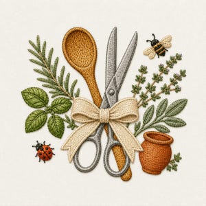 May include: An embroidery design featuring a wooden spoon and silver scissors tied with a beige ribbon, surrounded by green herbs, a small terracotta pot, a red ladybird with black spots, and a yellow and black bumblebee on a white background.