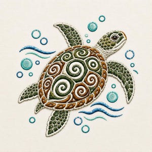 Puede incluir: Un diseño bordado de tortuga marina con un caparazón de patrones en espiral marrones y verdes. La tortuga está rodeada de burbujas azules y líneas onduladas cosidas sobre un fondo de tela color hueso, mostrando un trabajo de aguja detallado.