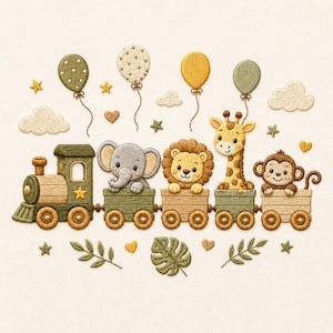 Pode incluir: Um design de bordado com uma locomotiva verde puxando quatro vagões, cada um carregando um elefante, leão, girafa e macaco. Acima do trem, quatro balões, nuvens e estrelas. Abaixo, encontram-se folhas, estrelas e corações bordados.
