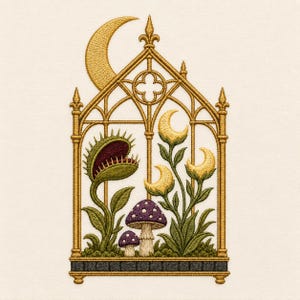 May include: An embroidery design featuring a gold-colored gothic arch frame containing a green Venus flytrap, two purple mushrooms with white spots, and three yellow crescent moon shapes on stems, with a large gold crescent moon above.
