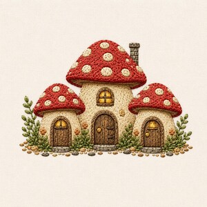 Pode incluir: Um design de bordado apresentando três casas em forma de cogumelo com chapéus vermelhos e manchas creme. A casa central é mais alta com uma chaminé, ladeada por duas casas menores. Cada estrutura tem uma porta castanha e uma pequena janela amarela.