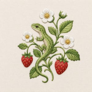 May include: An embroidery design featuring a bright green lizard positioned among strawberry plant elements. The composition includes two red strawberries with yellow seeds, three white flowers with yellow centers, and several green leaves.