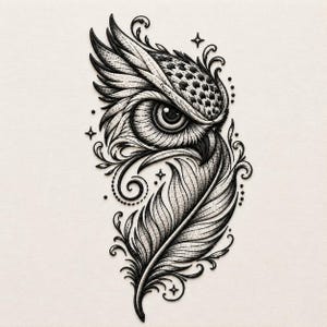 Op de afbeelding: Een zwart-wit geborduurde patch met een gedetailleerd uilenoog geïntegreerd in een grote veer. Het ontwerp bevat ingewikkeld lijnwerk, wervelende filigraanaccenten en kleine vierpuntige sterren rondom het centrale uilenmotief.