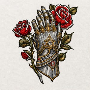May include: An embroidered patch featuring a silver armored gauntlet with intricate gold filigree detailing and small red circular accents. The gauntlet is flanked by two vibrant red roses with green leaves and stems on a white fabric background.