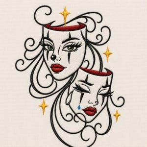 May include: An embroidery design featuring two theatrical masks with white faces, red lips, and black eye makeup. One mask has open green eyes, while the other has closed eyes with a single blue teardrop. The design includes black swirling lines and yellow four-pointed stars.