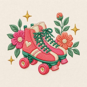 May include: An embroidered design featuring a pair of pink roller skates with cream accents, green laces, and a small heart detail. The skates are surrounded by embroidered pink and orange flowers, green leaves, and four-pointed gold stars.