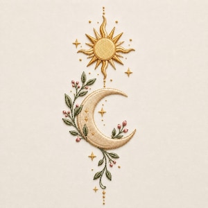 May include: An embroidery design featuring a golden sun with radiating points positioned above a crescent moon. Green leafy vines with small pink berries wrap around the moon, accented by several small four-pointed stars and tiny golden dots.