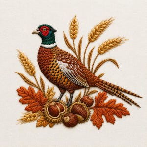 Puede incluir: Un diseño de bordado detallado que muestra un faisán colorido con cara roja, cuello verde y plumas marrones estampadas. El ave está rodeada de espigas de trigo doradas, hojas de roble naranjas y erizos de castaña marrones con espinas.