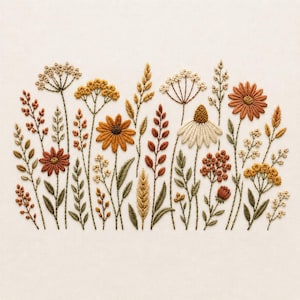 May include: An embroidery pattern on off-white fabric featuring a variety of wildflowers and grasses in shades of rust, mustard yellow, cream, and sage green. The design includes daisies, wheat stalks, and small clusters of berries and leaves.