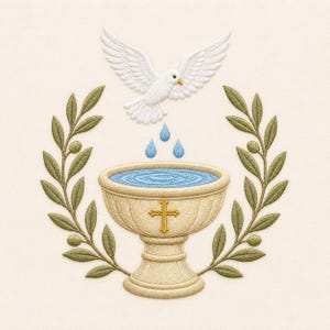 Może przedstawiać: Wzór haftu przedstawiający białego gołębia w locie nad beżową chrzcielnicą wypełnioną niebieską wodą. Z gołębia spadają trzy niebieskie krople wody. Chrzcielnica jest otoczona dwiema symetrycznymi gałązkami oliwnymi z zielonymi liśćmi.
