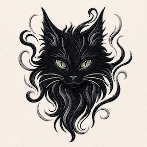 May include: An embroidery design featuring the head of a black cat with long, flowing fur and piercing light green eyes. The cat is surrounded by swirling, tentacle-like black and grey lines that extend outward from the feline's head.