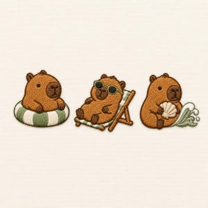 May include: Three embroidered capybara patches on a light background. The first is in a green and white striped pool float. The second wears green sunglasses while lounging in a wooden chair. The third holds a white seashell near green water.