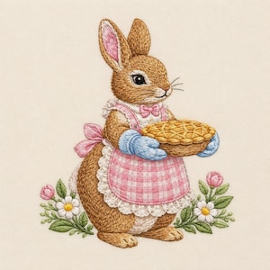 May include: An embroidered illustration of a brown rabbit wearing a pink and white gingham apron with a lace trim and blue oven mitts. The rabbit holds a golden-brown lattice-top pie, surrounded by small pink flowers and white daisies.