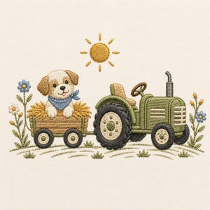 Op de afbeelding: Een borduurontwerp met een lichtbruine en witte puppy met een blauwe bandana, zittend in een houten kar vol hooi, vastgemaakt aan een groene tractor. De scène bevat een gele zon en blauwe en witte bloemen op een crèmekleurige achtergrond.