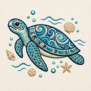 May include: An embroidered design of a sea turtle featuring shades of blue and cream. The turtle shell displays intricate swirl patterns. Surrounding the turtle are embroidered elements including small bubbles, wavy lines, a seashell, a starfish, and a sand dollar.