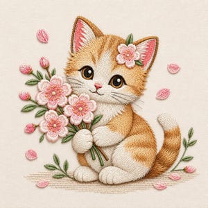 May include: An embroidery design featuring a ginger and white kitten holding a bouquet of pink cherry blossoms. The kitten has large brown eyes and a flower tucked behind its ear. Pink petals are scattered around the kitten on a cream background.