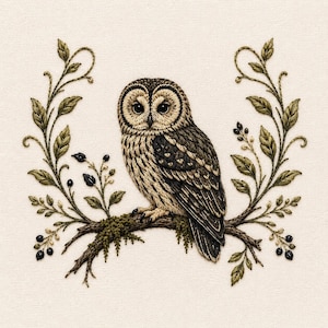 Barred Owl Embroidery Design, Woodland Branch, Floral Accents (Digital Download)