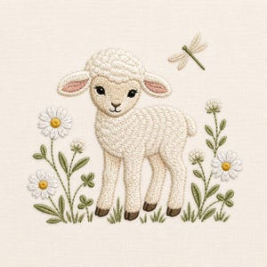 Könnte beinhalten: Ein Stickdesign mit einem cremefarbenen Lamm, das in einem Feld aus weißen Gänseblümchen mit gelben Mitten und grünen Kleeblättern steht. Eine kleine Libelle mit durchscheinenden Flügeln befindet sich über dem Lamm auf hellem Stoff.