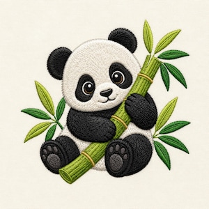 May include: An embroidered patch featuring a cute panda bear with black and white fur, holding a segmented green bamboo stalk with pointed green leaves extending from the sides. The panda has large dark eyes and detailed paw pads.