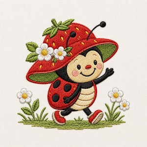 May include: An embroidered patch featuring a ladybug wearing a large red strawberry hat with green leaves and white flowers. The ladybug has a cream-colored face, black body with red wings and black spots, and is walking among small white flowers.