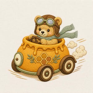 Può includere: Un disegno ricamato di un orsacchiotto marrone chiaro che indossa un cappello da aviatore marrone con occhiali protettivi e una sciarpa verde salvia, alla guida di un'auto gialla a forma di vasetto di miele con motivi a nido d'ape e ruote marroni.