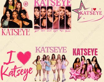 May include: A digital design sheet featuring the girl group KATSEYE with multiple graphic elements. It includes portraits, group photos, the text KATSEYE in pink, and I heart KATSEYE logos with stars. The layout is arranged on a light background.