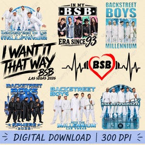 Puede incluir: Una colección digital de diseños gráficos de los Backstreet Boys con los miembros de la banda en trajes blancos, logotipos de giras, el texto I WANT IT THAT WAY BSB LAS VEGAS 2026, una línea de latido en forma de corazón con BSB y un reproductor.
