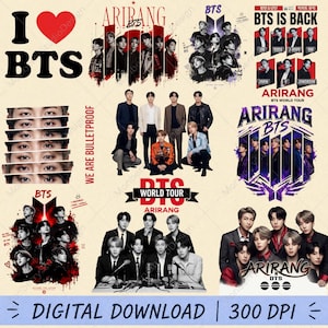 Op de afbeelding: Een digitale collage met meerdere grafische ontwerpen van de muziekgroep BTS, inclusief portretten van de leden, de tekst I LOVE BTS, BTS IS BACK, WE ARE BULLETPROOF en BTS WORLD TOUR, met diverse artistieke elementen en kleurenschema's.