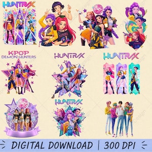 May include: A collection of digital illustrations featuring anime-style characters in colorful outfits, some with the text HUNTRIX or K-POP DEMON HUNTERS. The designs include various groups of characters, stars, disco balls, and abstract shapes in vibrant hues.