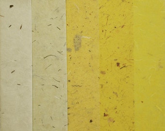 May include: Five vertical strips of handmade paper, each with a different texture and color. The strips are arranged from left to right: white, light green, yellow, light yellow, and bright yellow.