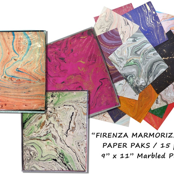 HANDMADE MARBLED  PAPER 15 Pc. Pak - "Firenza Marmorizzata"-15 pc. Marbled Papers 9" x 11" for Collage, Mixed Media, Art