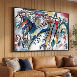 Abstracte compositie van Wassily Kandinsky op canvas, moderne kunst voor wanddecoratie, kleurrijk expressionistisch schilderij, geometrische lijnen op canvas.