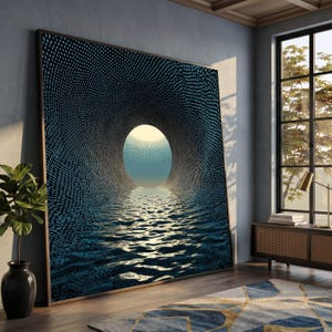 Puede incluir: Una gran obra de arte mural cuadrada y enmarcada que presenta un túnel azul oscuro compuesto por densos patrones de puntos que convergen hacia una fuente de luz circular brillante, reflejándose en una superficie de agua ondulada.