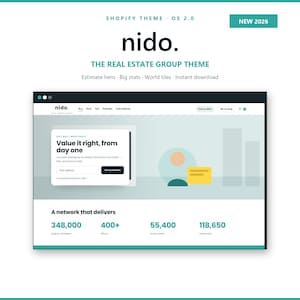 Peut inclure: Une interface numérique pour le thème immobilier nido., présentant une section héro avec un formulaire d'estimation de propriété, des graphiques géométriques abstraits et un tableau de bord statistique affichant les données.