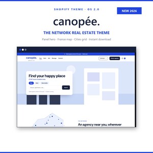 Peut inclure: Un affichage numérique du thème Shopify Canopée pour l'immobilier, présentant une interface de site web avec une barre de recherche, une carte de France et le texte 'Find your happy place' et 'The Network Real Estate Theme' en bleu et blanc.