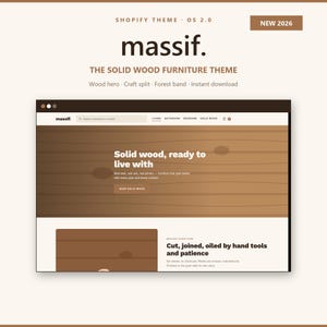 May include: A digital interface for the Massif Shopify theme, featuring a brown wood-grain background, the text 'Solid wood, ready to live with', and a navigation bar with links for living, bathroom, bedroom, and solid wood categories.