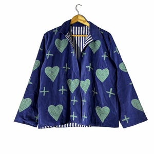 Blue Heart Patchwork Corduroy Jacket for Women, Handmade Boho Jacket
