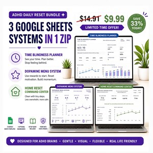 ADHD Daily Reset Bundle, 3 Web App Dashboards, Time Blindness, Dopamine Menu, Home Reset