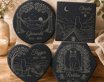 Cat Designs 9 - 12 Memorial Slate Plaque, Custom Engraved Pet Tribute (Indoor Outdoor Use)