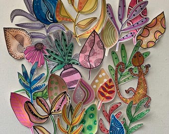 25 Pieces Whimsical Watercolor Hand Illustrated Fodder Die Cuts Embellishments Garden Leaves Flowers