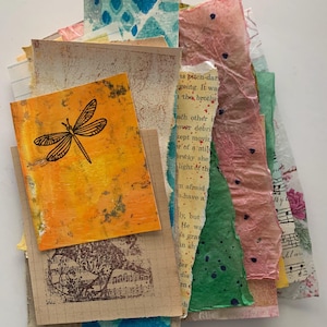 May include: A collection of assorted paper scraps featuring various textures and designs, including a bright orange card with a black dragonfly illustration, a piece of vintage book page text, green textured paper, and floral patterned sheets.