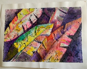 Watercolor Alcohol Ink Mix on Crinkled Japanese Rice paper Painting OOAK  Feather Japanese Leaves Gold Leaf Rice paper