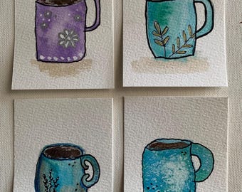 ACEO Original Watercolor Painting Set of Four “Brewed in Watercolor” Coffee Tea Cups Kitchen Cottage