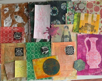 16+ Pieces Papercraft Supplies Collage Lot Mixed Media Junk Journal Hand printed