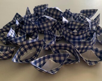 Blue White Checkered paper boats sailboat table party nursery decoration beach wedding