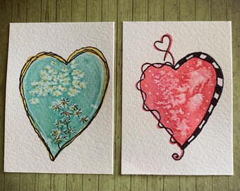 ACEO Original  Watercolor Painting Set of Two “Painted Love Note” Hearts