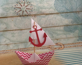 paper boat  sail boat with red anchor nursery beach wedding bridal favor beach cottage